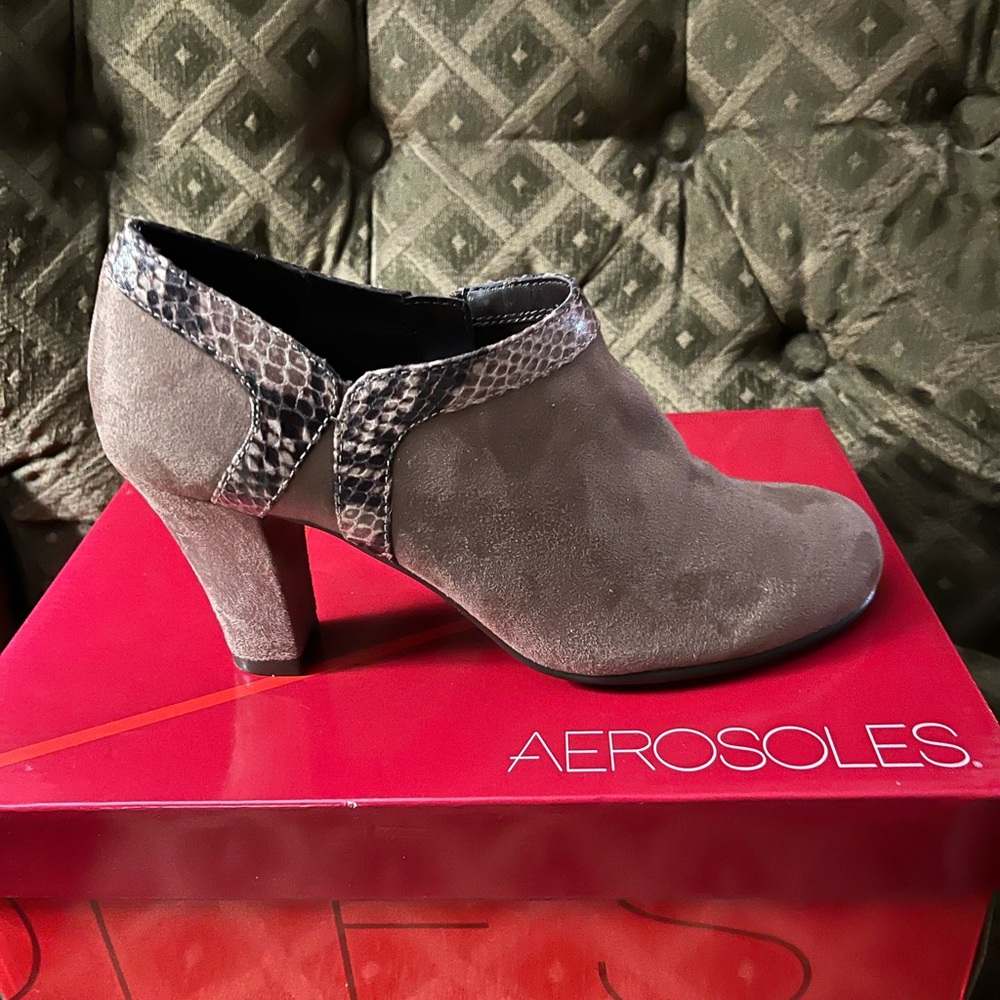 AEROSOLES Taupe Suede Booties with Snakeskin Accents